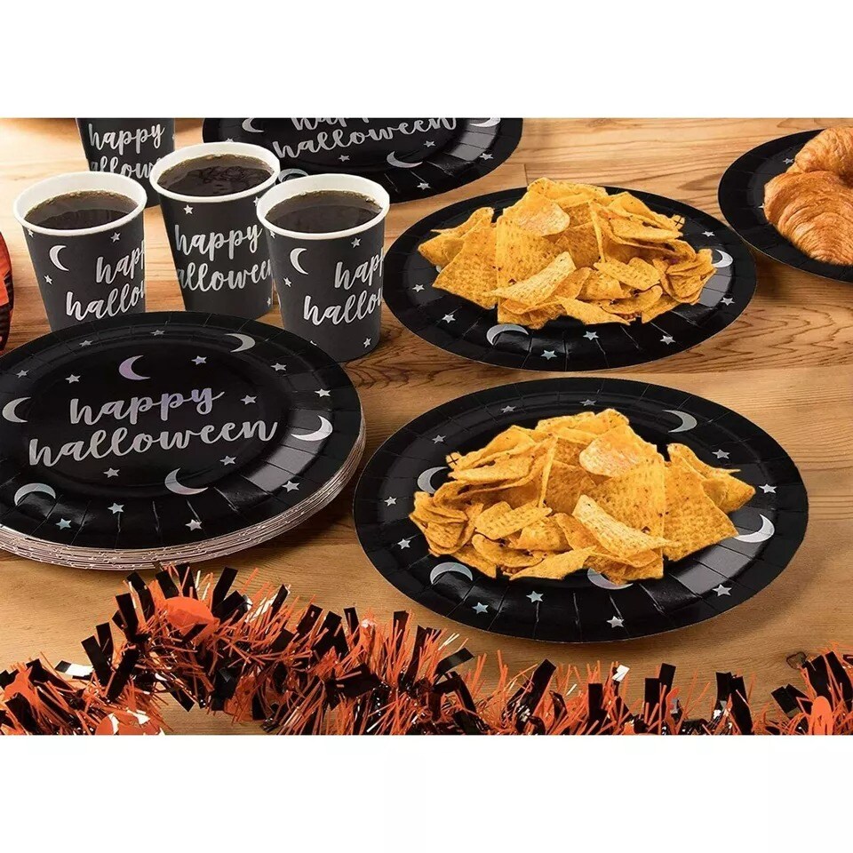 72 Piece Halloween Party Decor Pack with Plates, Napkins, Cups, Serves 24, Black