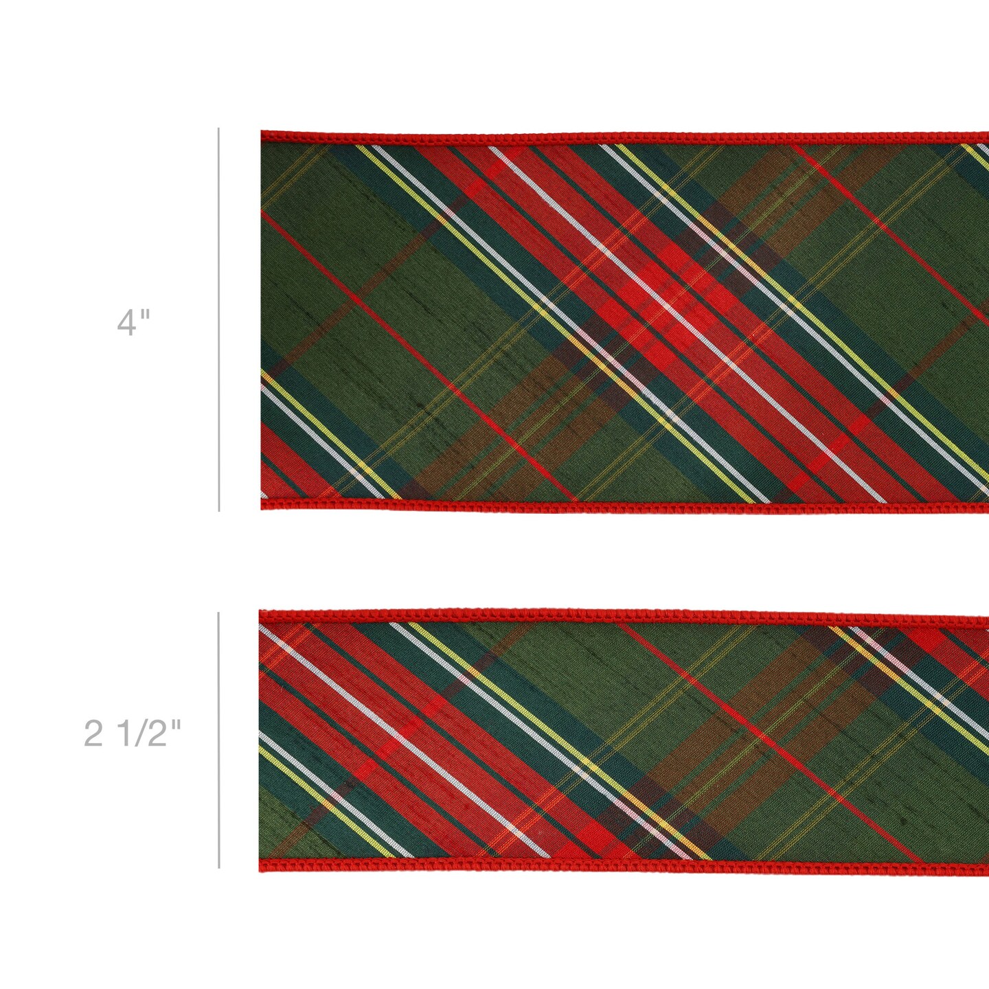 LaRibbons 4&#x22; - 2 1/2&#x22; Wired Dupioni Ribbon | Red/Dark Green Plaid Bias Cut Double-Fused Red Backing | 5 Yard Roll
