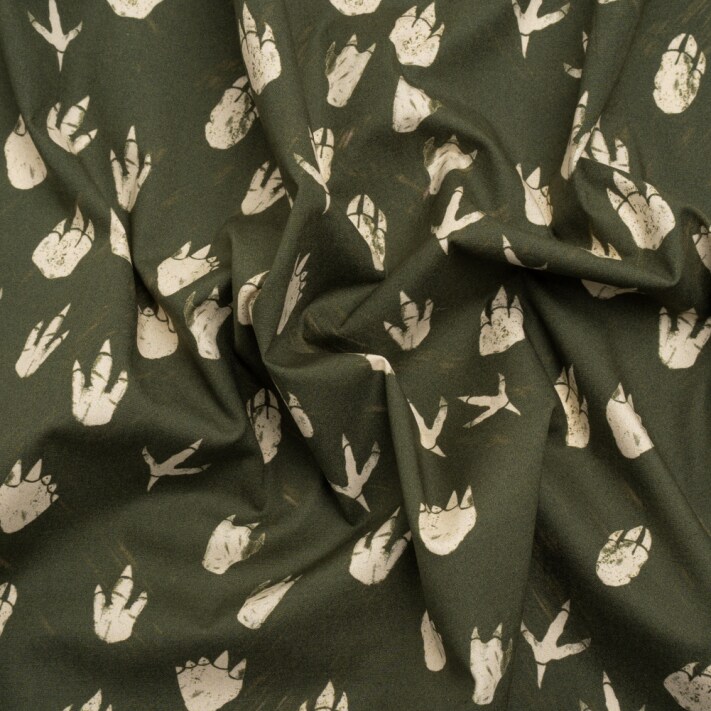 1 Yard Dark Olive Dinosaur Footprint Stretch Cotton Poplin Print Fabric