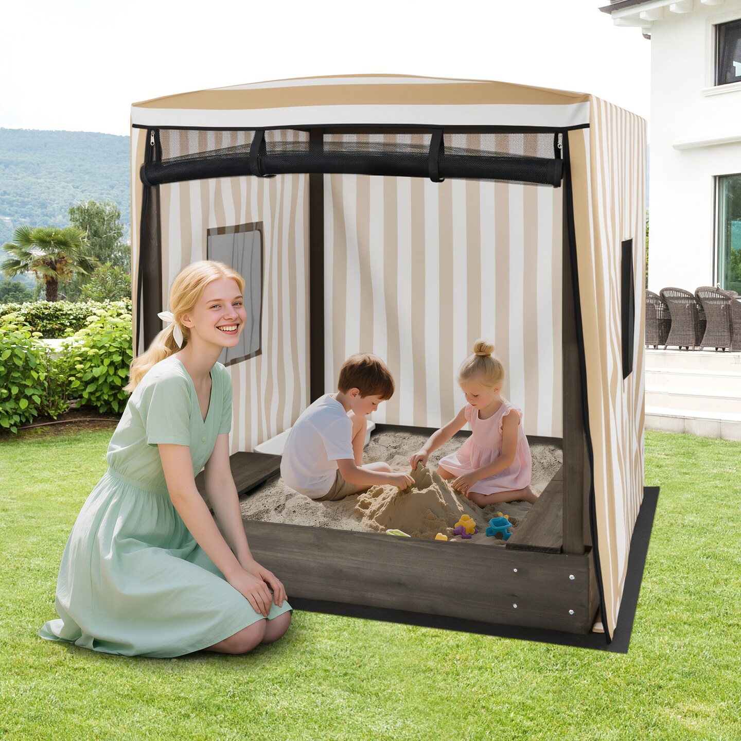 Outdoor Wooden Sandbox with Canopy and Storage Seats for Kids Large Sand Pit with Protective Liner for Backyard Play
