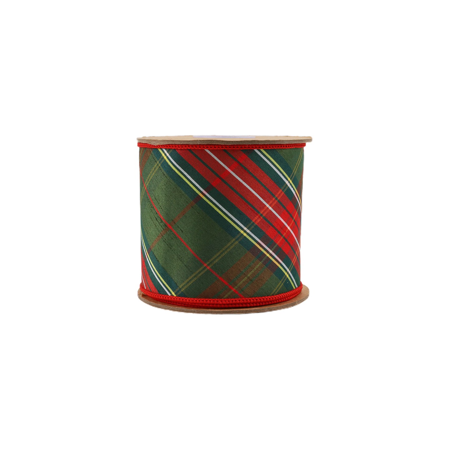 LaRibbons 4&#x22; - 2 1/2&#x22; Wired Dupioni Ribbon | Red/Dark Green Plaid Bias Cut Double-Fused Red Backing | 5 Yard Roll