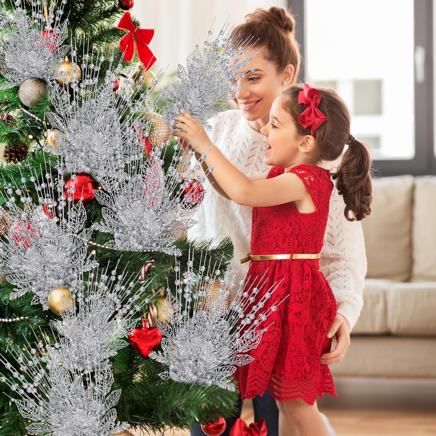 Pack Artificial Glitter Berry and Flowers Stem (Silver)