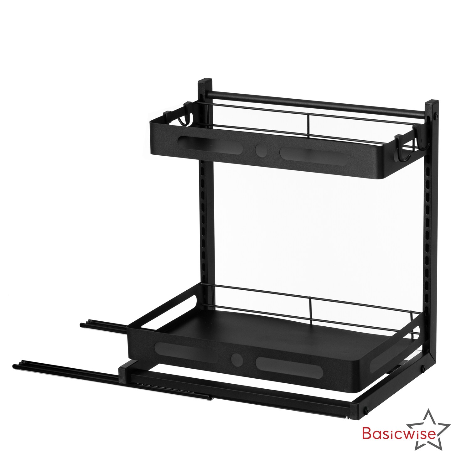 Basicwise Adjustable Height Under Sink Pull-Out Organizer 2-Tier Sliding Shelf Rack Heavy-Duty Mesh Baskets for Kitchen & Bathroom Cabinets Ideal for Tall Bottles Cleaning Supplies & Tight Spaces