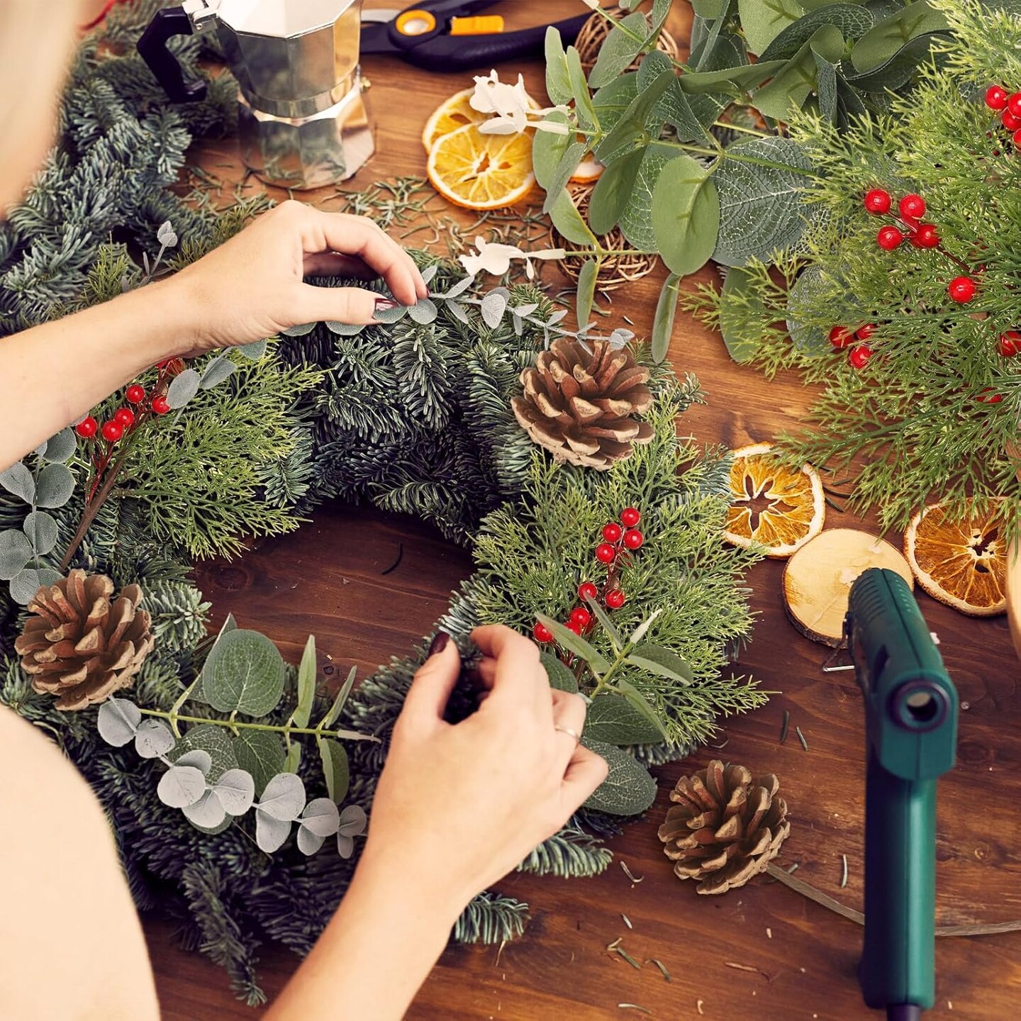 Artificial Christmas Greenery Stems (Green, Brown, Red)