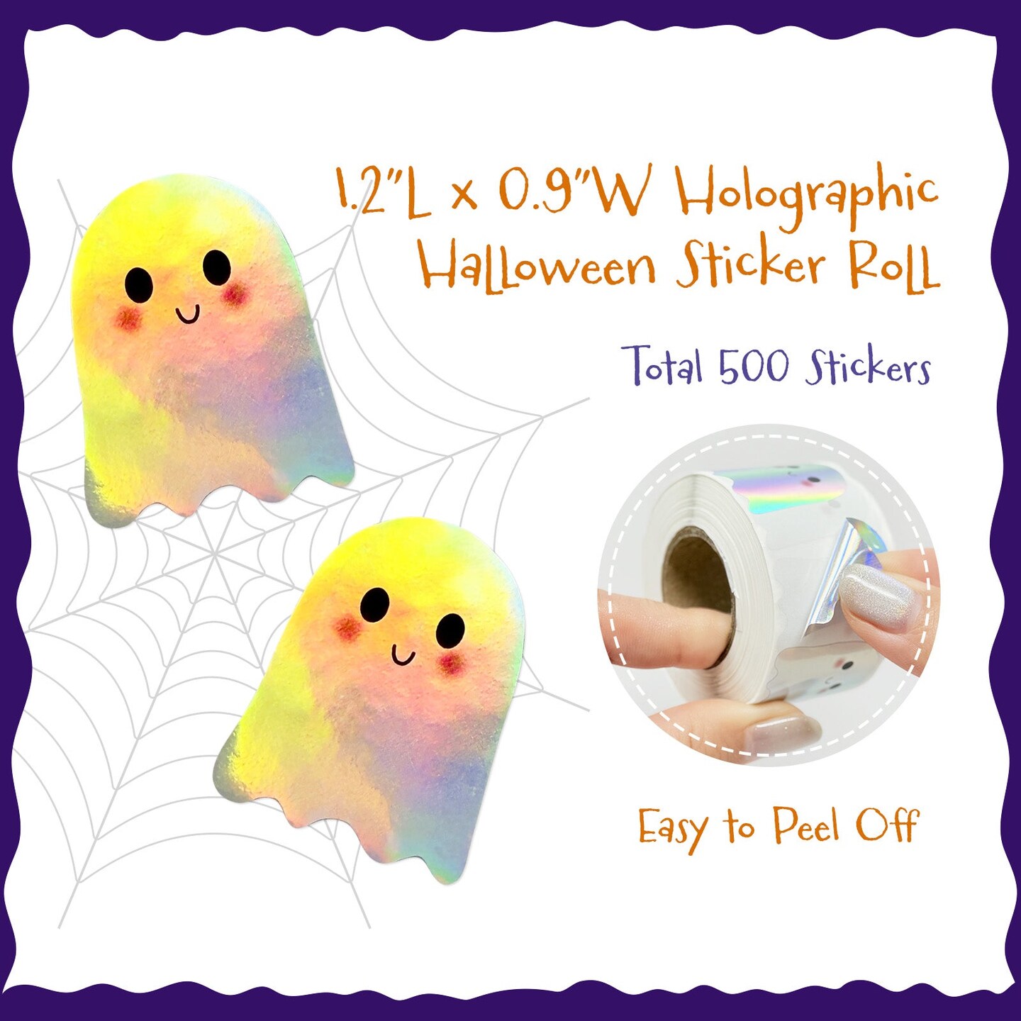 Wrapables Holographic Halloween Sticker Roll, for Sealing Envelopes, Gift Boxes, Journal, Party Decor and Supplies (500pcs), Ghosts