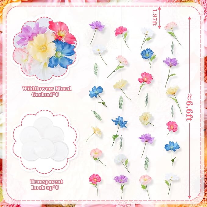 6 PCS Wildflowers Artificial Flowers Decorations,Hanging Flowers Garland with Hooks Spring Wild Flowers for Wedding Party Background Birthday Baby Shower Home Birthday Decorations