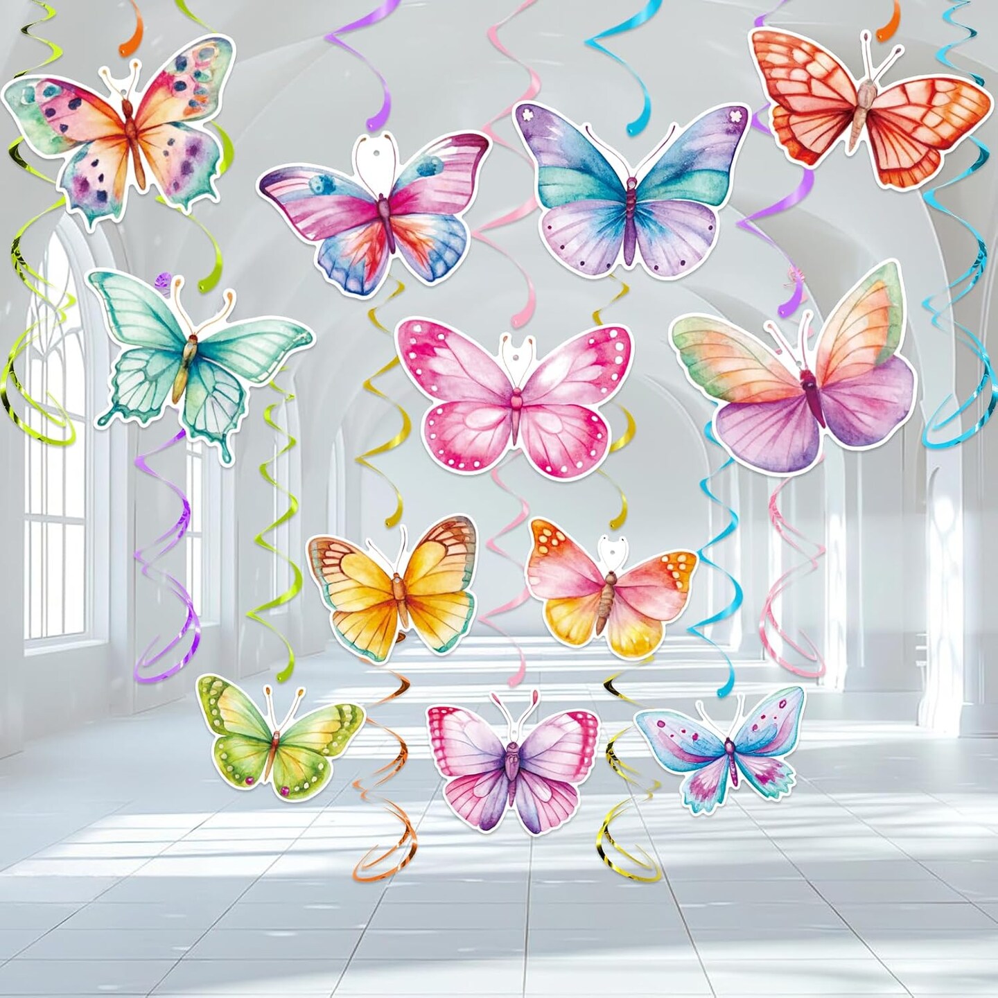 30-Piece Watercolor Butterfly Hanging Swirl Decorations | Spring & Summer Ceiling Spiral Danglers for Butterfly Themed Party Supplies