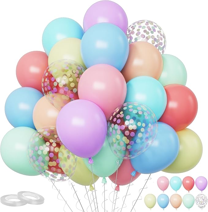 60 Pack Pastel Balloons (12 Inch) – Macaron Pink, Blue, Purple & Yellow Latex Balloons with Colorful Confetti – Easter 2026 & Spring Party Decorations – Sweet One Birthday, Baby Shower & Bridal Shower Supplies – Thickened Helium Grade Balloon Set
