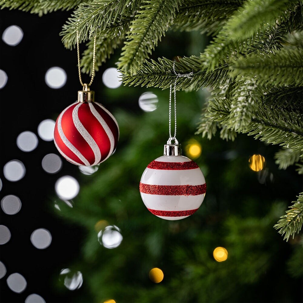 Polka Dot and Candycane Color Style Ornament Ball Bundle, Set of 24 Red and White Patterned Christmas Baubles