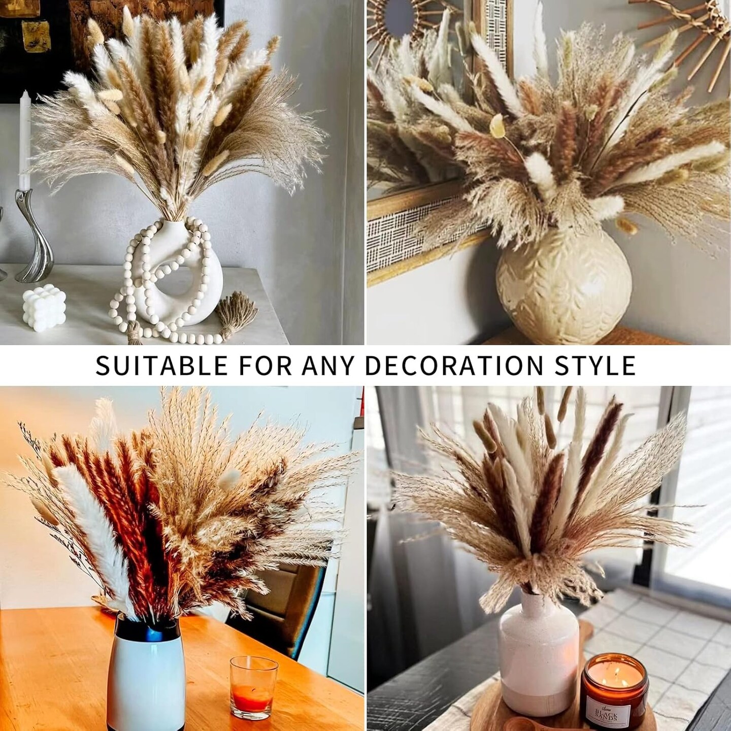 135Pcs Dried Pampas Grass Decor, Boho Home Decor, Mini Bunny Tails Dried Flowers, Fluffy Pompous Grass Bouquet