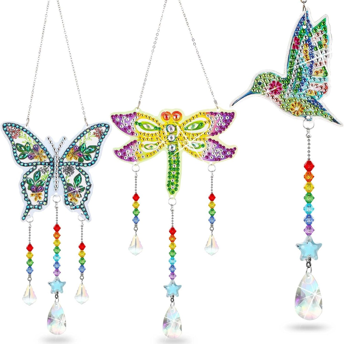 3-Piece Diamond Painting Suncatcher Kit – DIY Double-Sided Gem Art Wind Chimes for Adults (Dragonfly, Butterfly, Hummingbird)