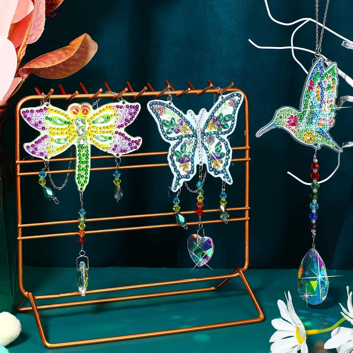 3-Piece Diamond Painting Suncatcher Kit – DIY Double-Sided Gem Art Wind Chimes for Adults (Dragonfly, Butterfly, Hummingbird)