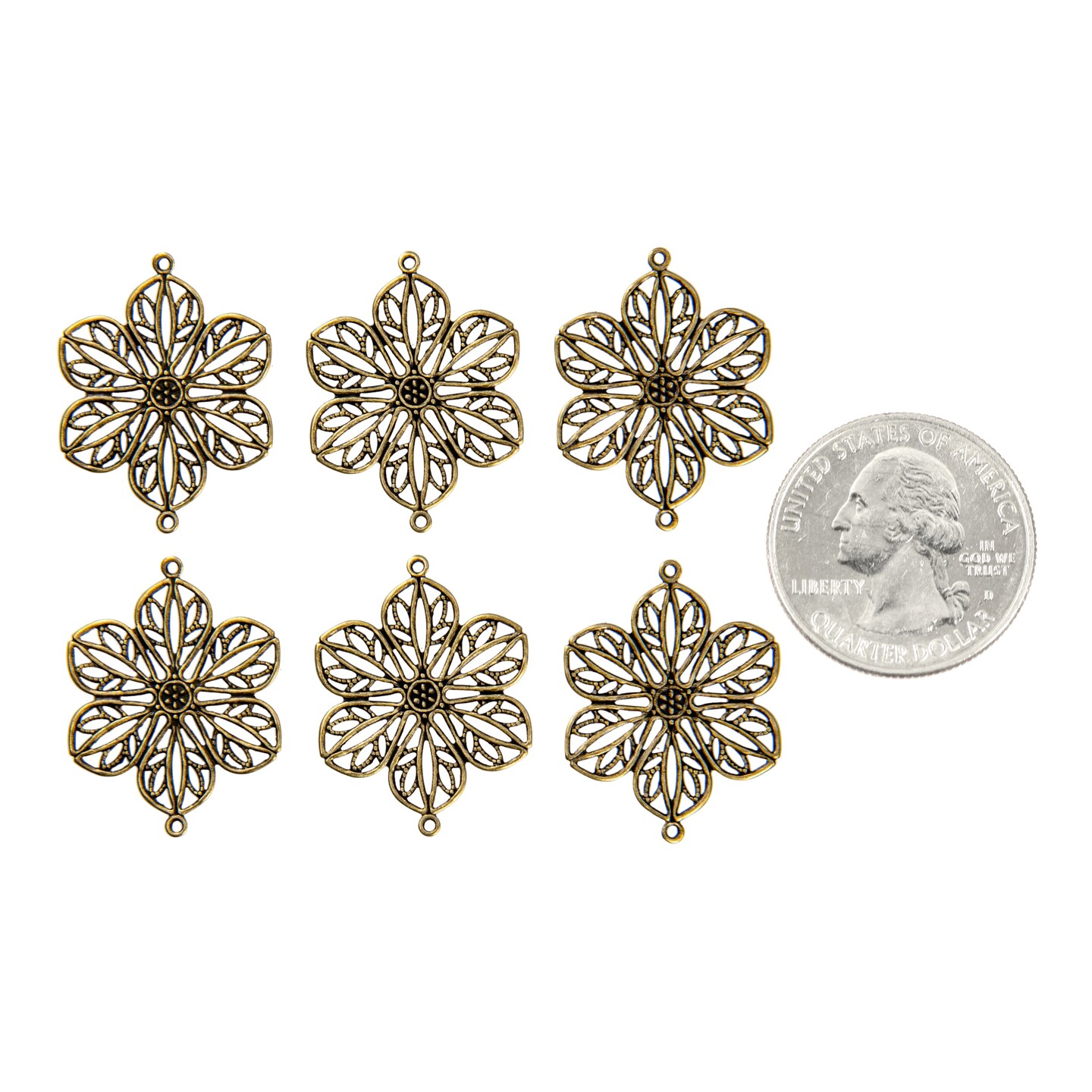 Antique Brass Wide Flower Filigree Two Ring Connectors Set of Six AB-2C20