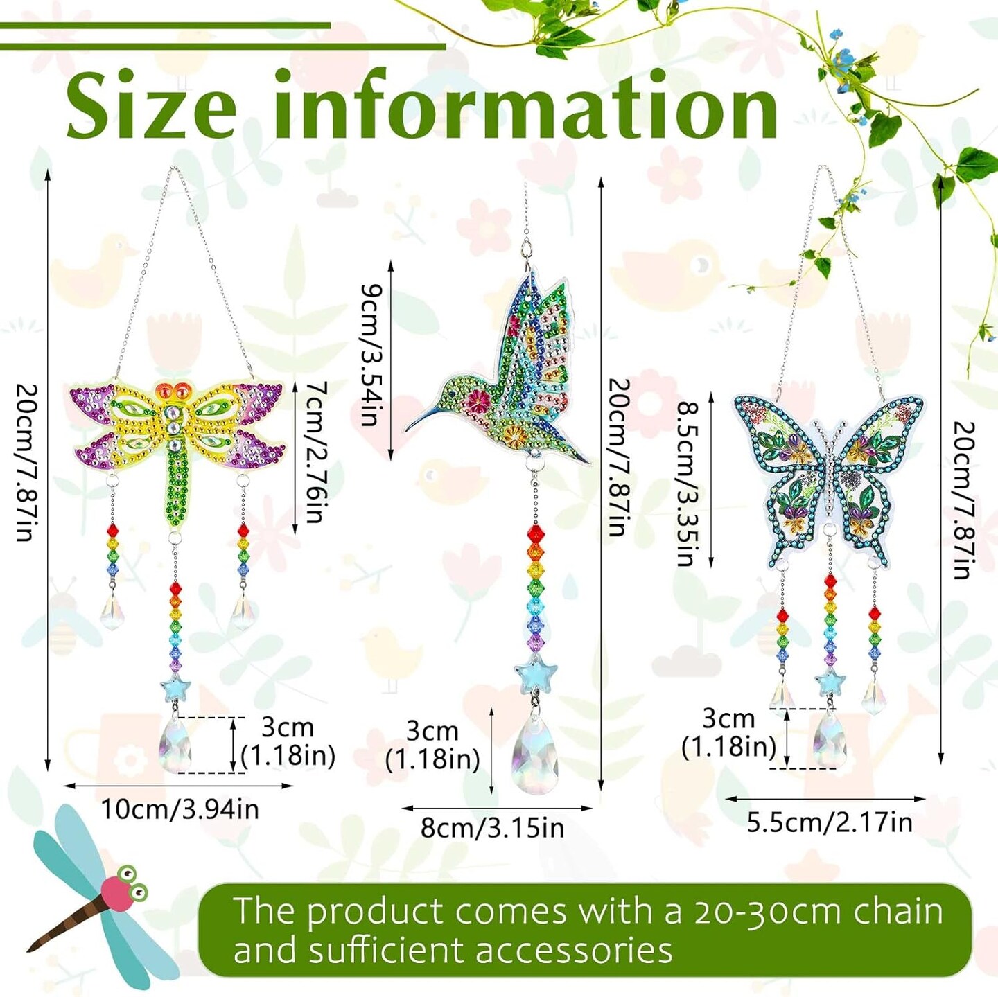 3-Piece Diamond Painting Suncatcher Kit – DIY Double-Sided Gem Art Wind Chimes for Adults (Dragonfly, Butterfly, Hummingbird)