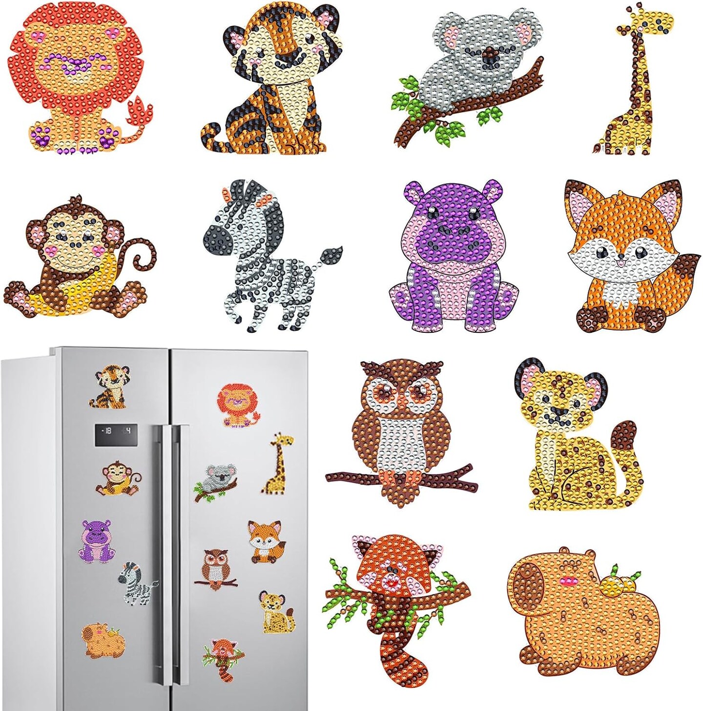 Diamond Painting Magnets Refrigerator - 12 PCS DIY Cute Animal Diamond Art Fridge Magnets Kit with Lion Tiger Koala Monkey Giraffe Zebra Fox Pattern DIY Home Decor for Adults Beginners