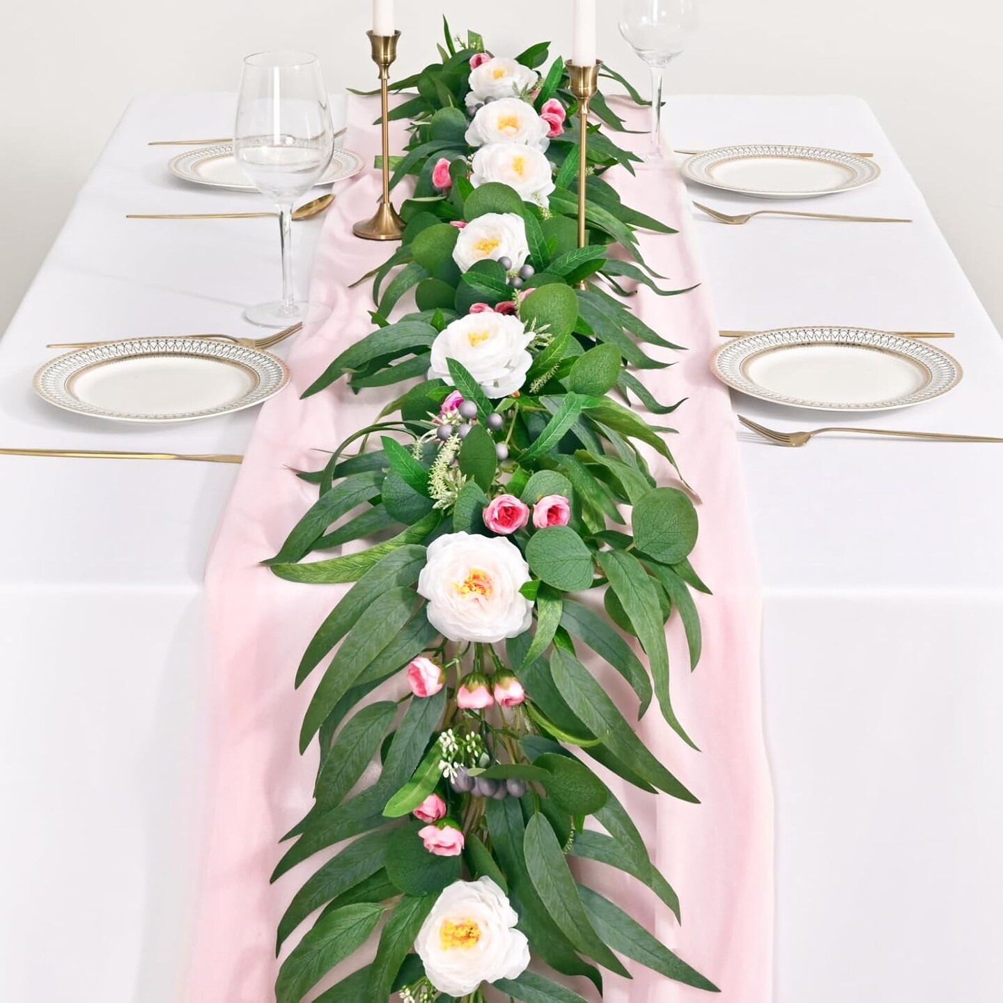 Flower Garland with Lights, Greenery Floral Garland with Camellia Rose Buds Fake Flowers for Wedding Arch Party Tables Mantle Backdrop Room Decor