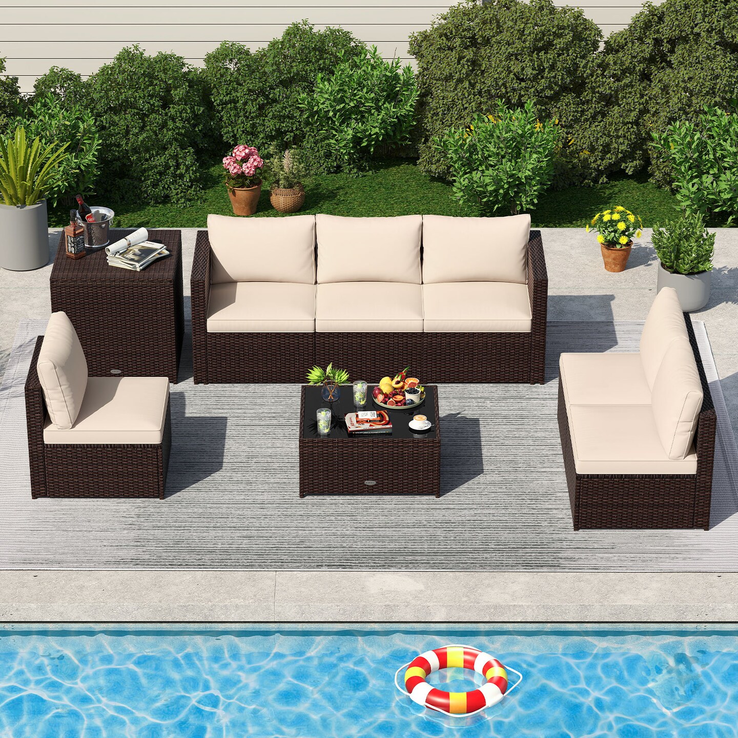 Costway 8 PCS Patio Furniture Set with Storage Box & Tempered Glass Coffee Table Beige