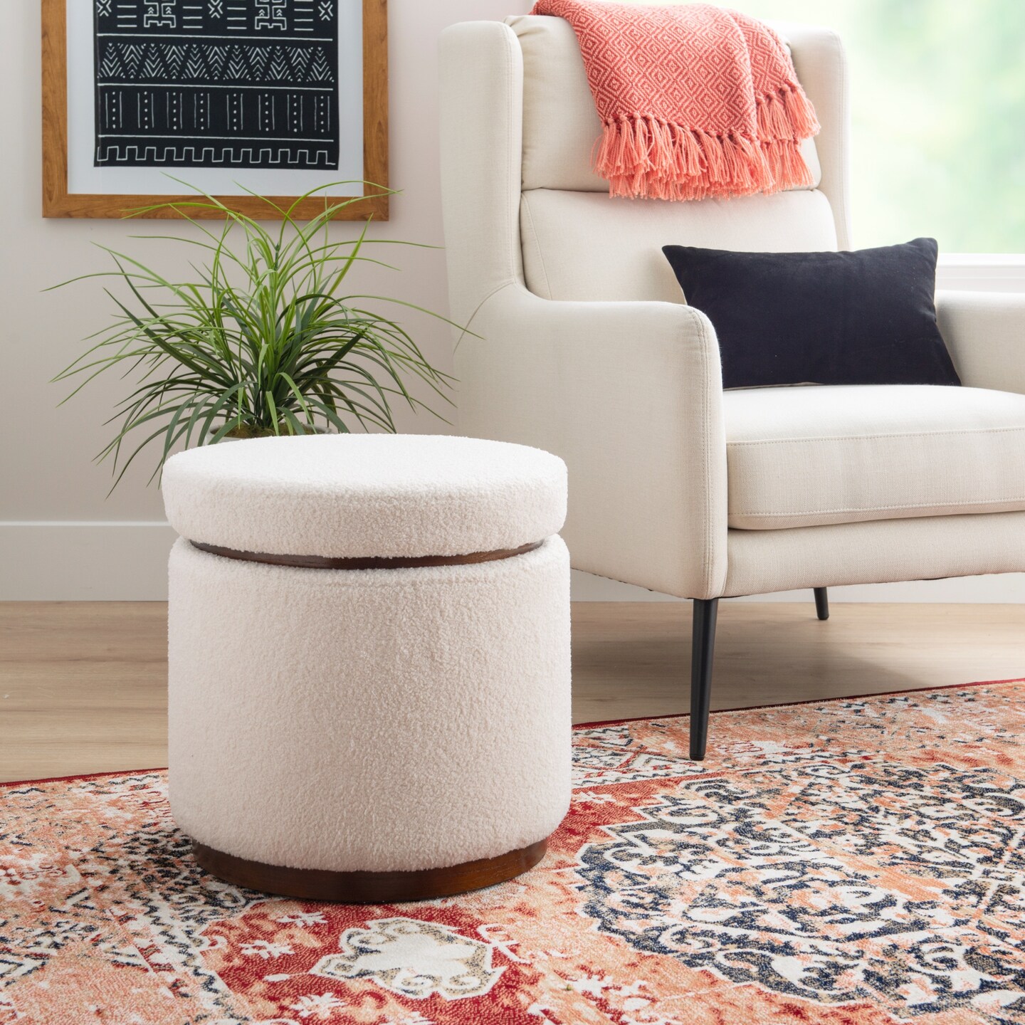 Contemporary Home Living Solid Sherpa Storage Pouf Ottoman - 18" - Cream and Walnut Brown