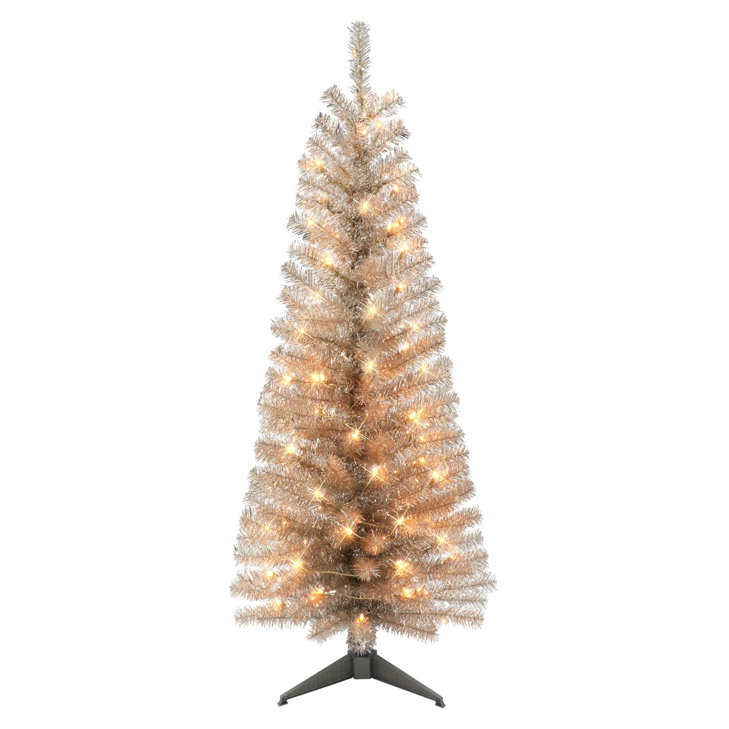 CC Christmas Decor 4.5' Pre-lit Rose Gold Tinsel Slim Artificial Christmas Tree, Clear Lights