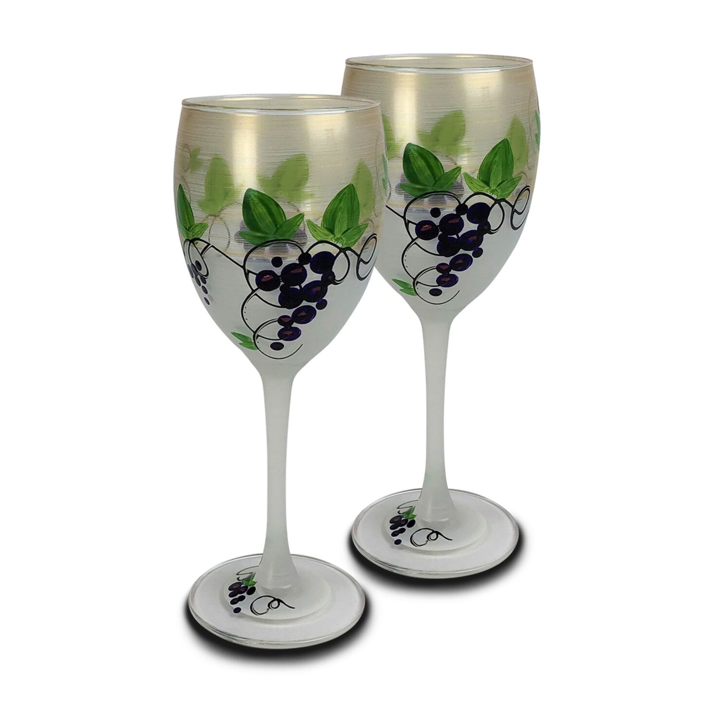 Crafted Creations Set of 2 Green Grapes and Vines Hand Painted Wine Drinking Glasses 10.5 oz.
