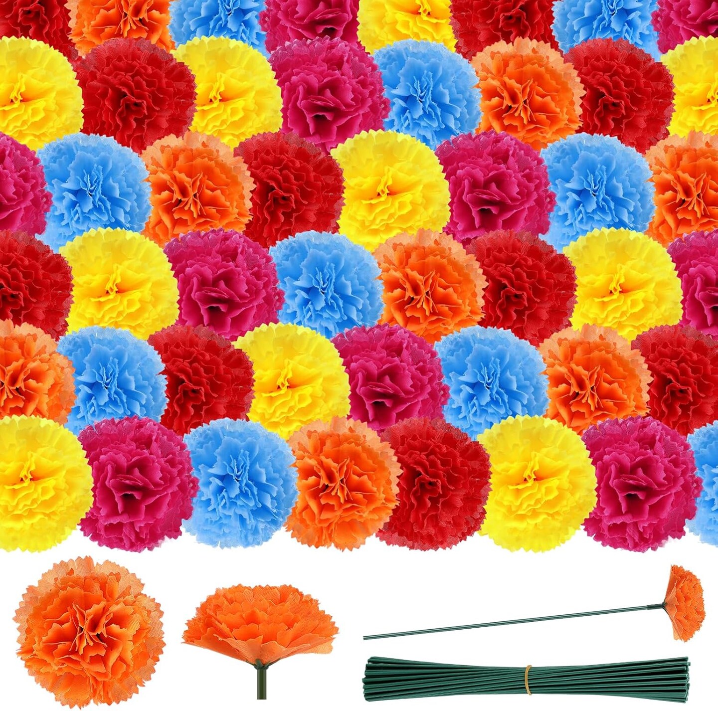 50 Pcs Day of The Dead Marigold Flowers Heads (Multi Color) 2.3"D x 2.3"W x 1.5"H