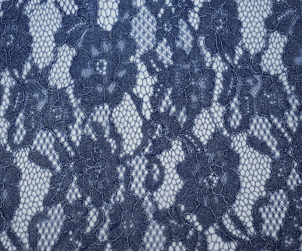 Blue-Silver Poly Nylon Floral Lace Mesh Knit Fabric By the Yard