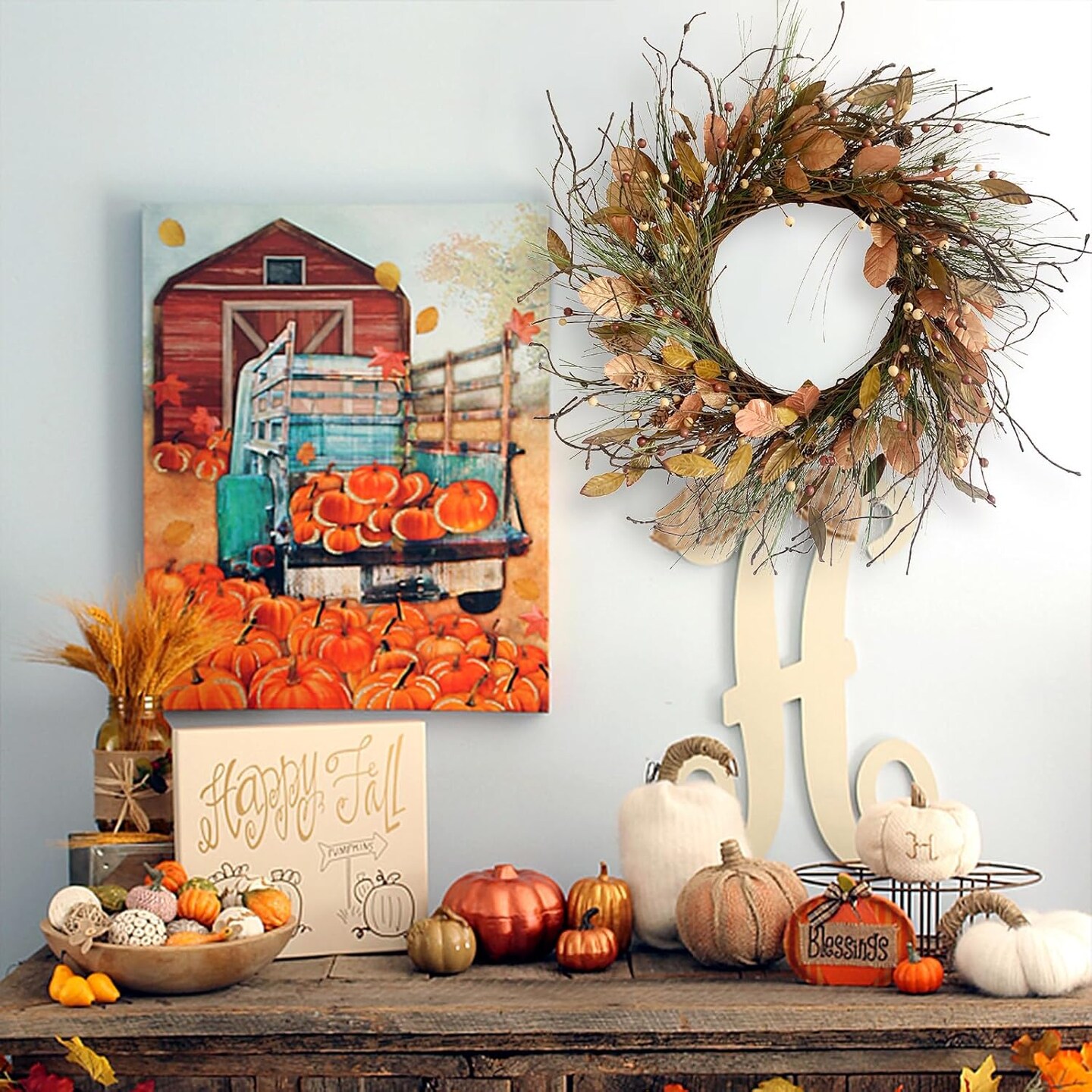 26 Inch Fall Wreath for Front Door Pip Berry Pinecone Autumn Wreath with Pine Needle(Pinecone Wih Dark Leaf)24&#x22;D x 24&#x22;W x 4&#x22;H