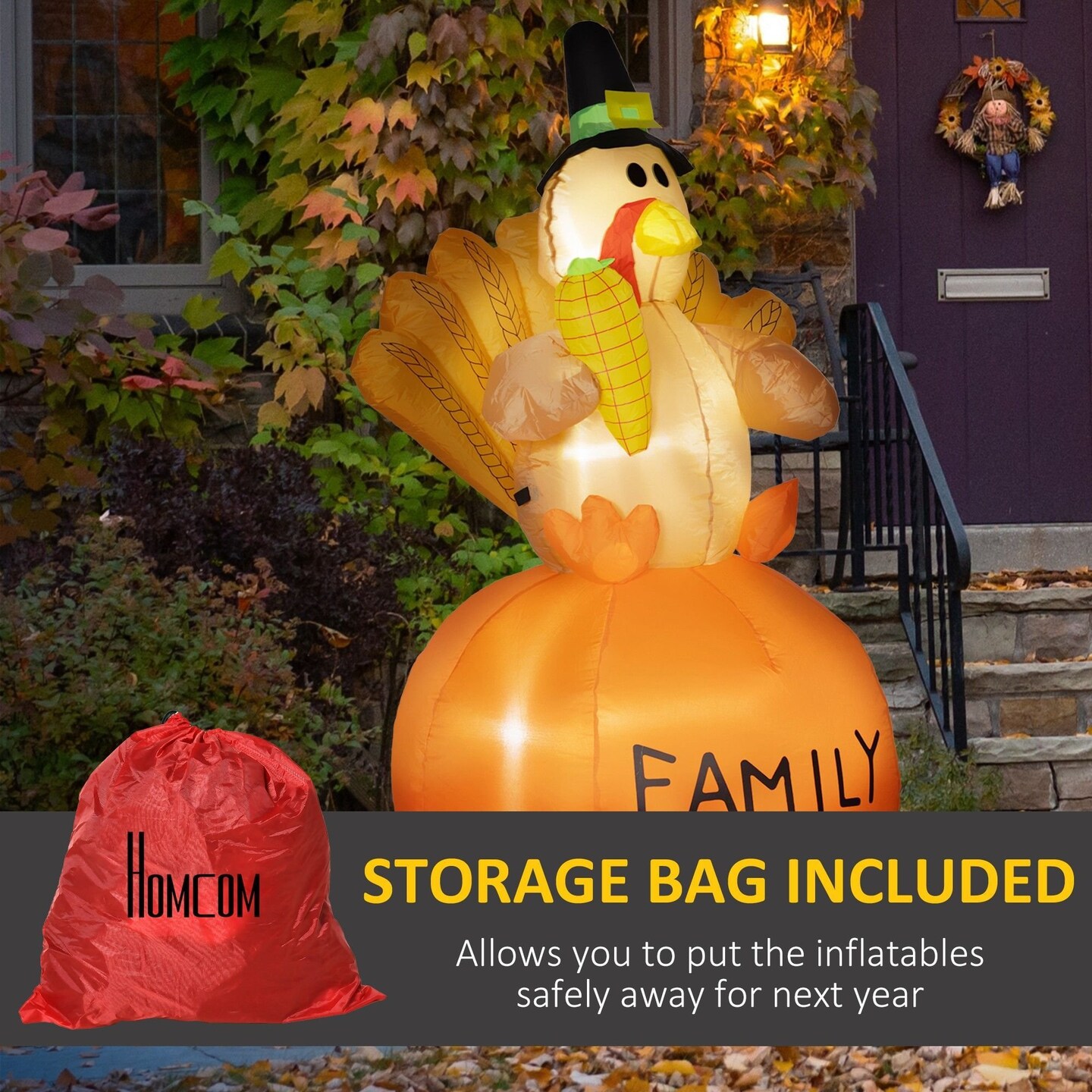 Edge Collections - Orange - HOMCOM Thanksgiving Inflatable Turkey Decoration Outdoor LED Display - 1 Piece