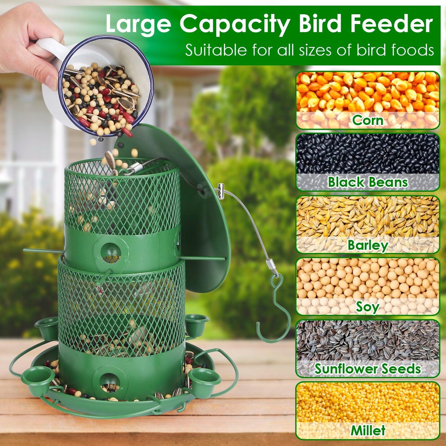 Wild Bird Feeder Squirrel-Proof Chew-Proof Metal Bird Seed Feeder Outdoor Hanging Bird Feeder With 360&#xC2;&#xB0; Circular Perches Water Cups For Yard Garden Patio