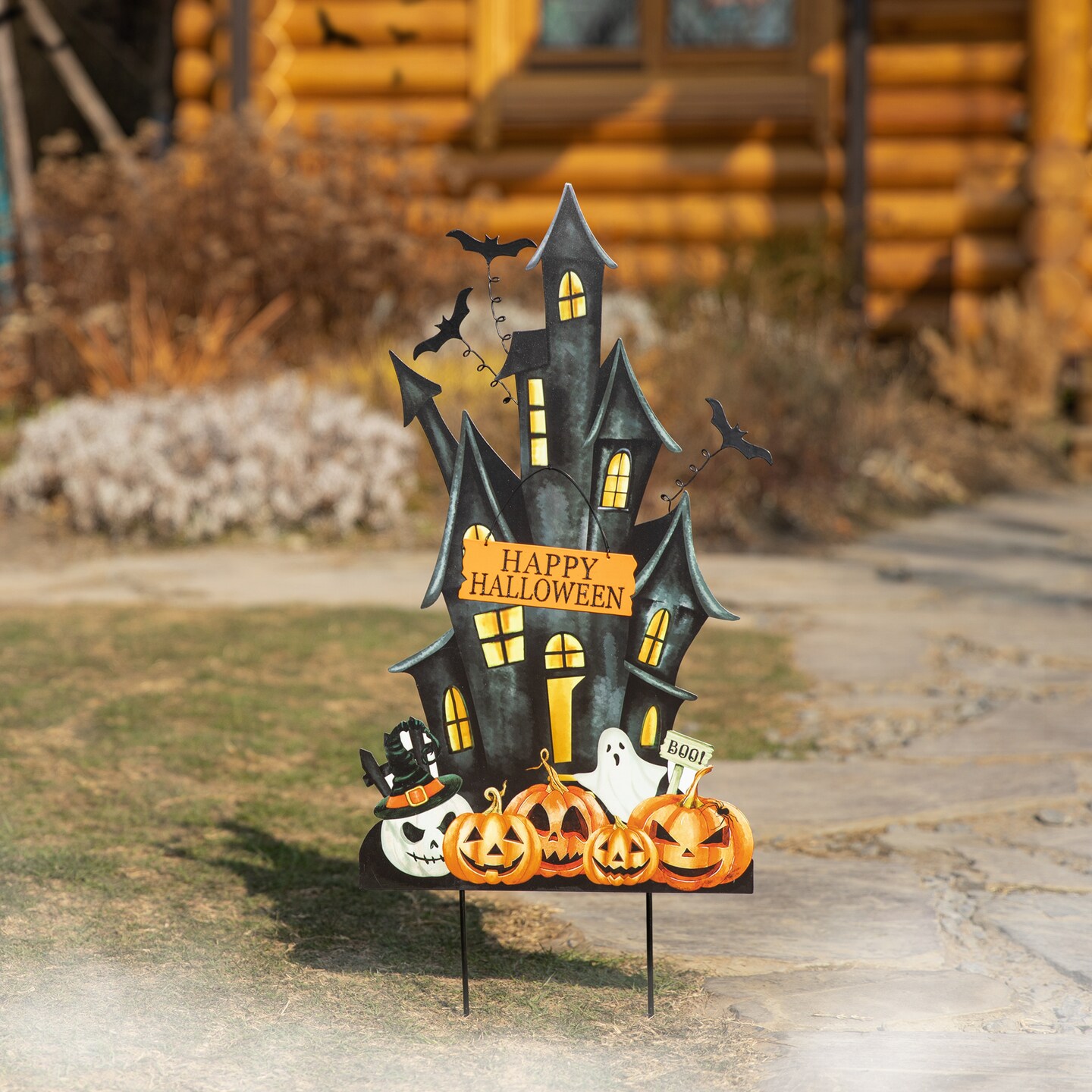 Set of 2 32&#x22;H Halloween Metal Haunted House Yard Stake