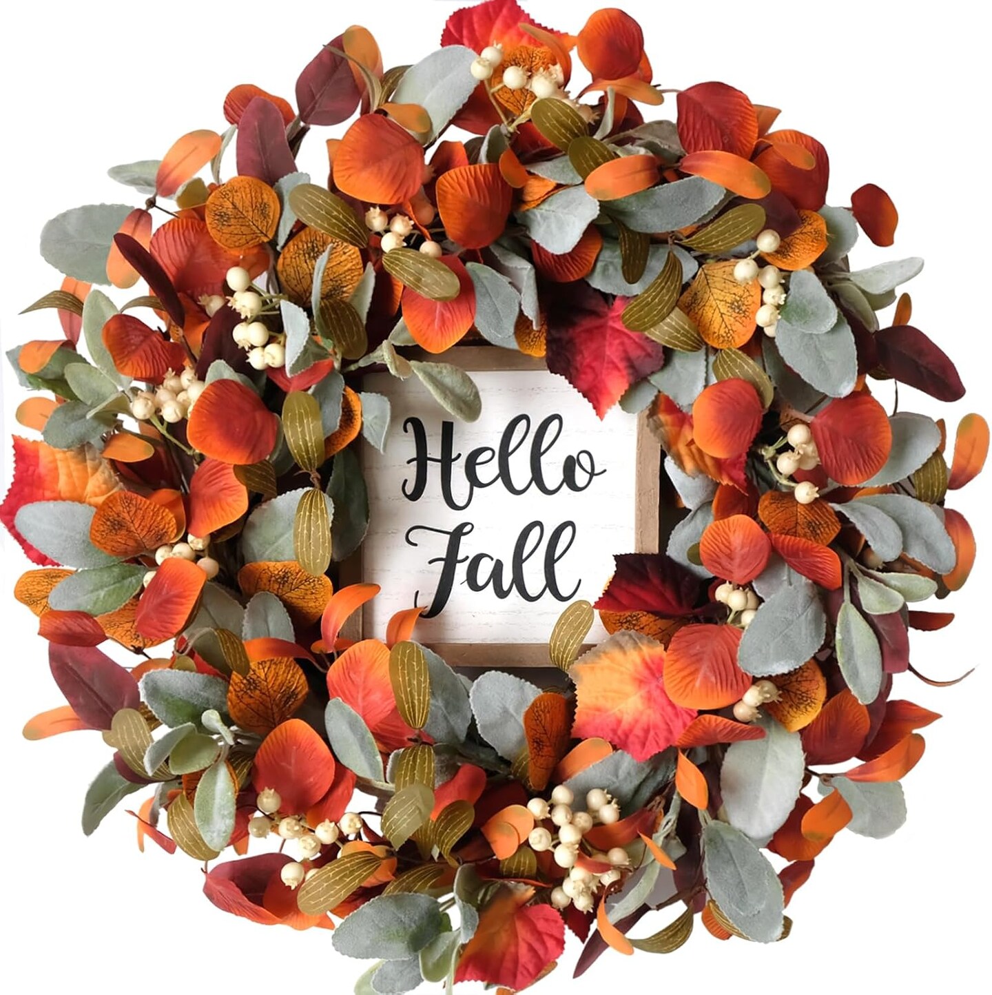Fall Front Door Wreath,22' Artificial Lambs Ears Leaves Wreath(Different Leaves White Berry Lambs Ear Leaves)