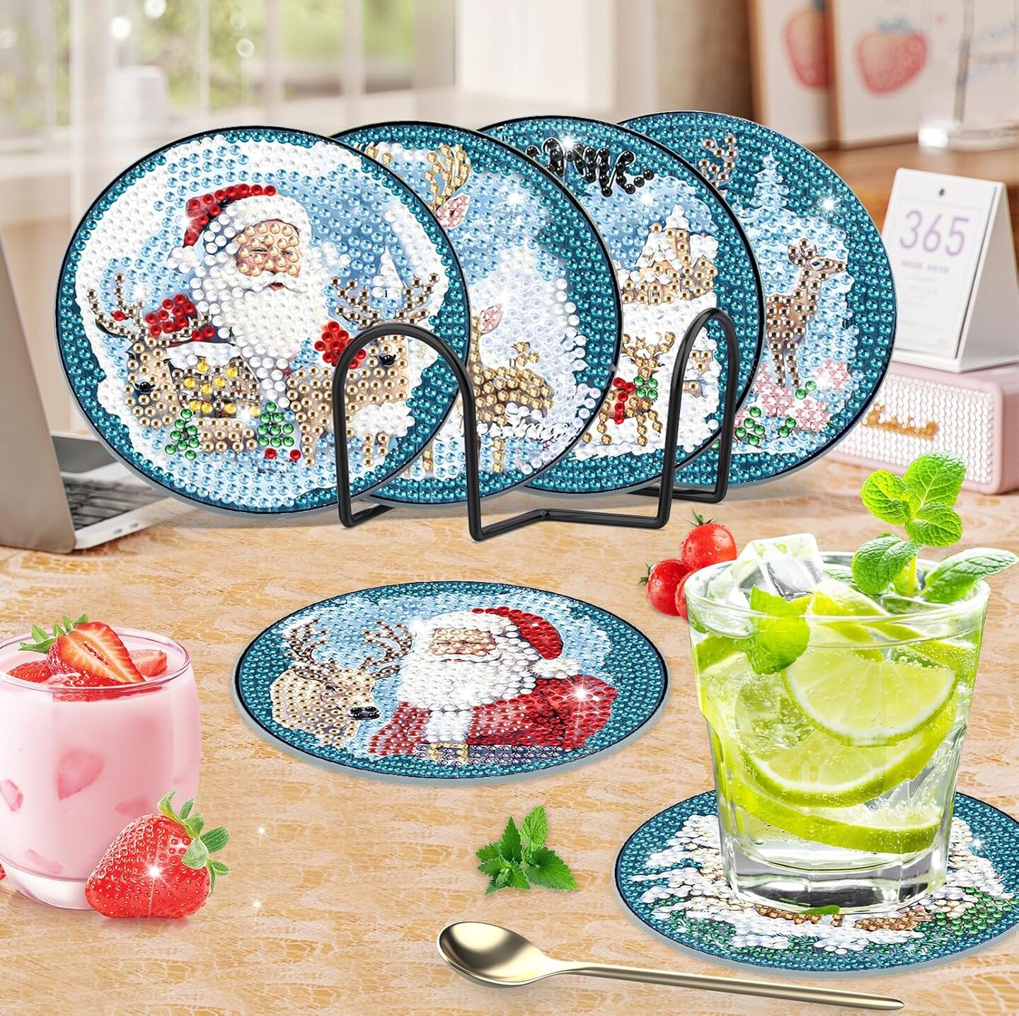 8PCS Christmas Diamond Art Coasters Kit with Holder – Santa Claus 5D Gem Art Kits for Adults & Beginners, DIY Arts and Crafts Christmas Table Decor Gift