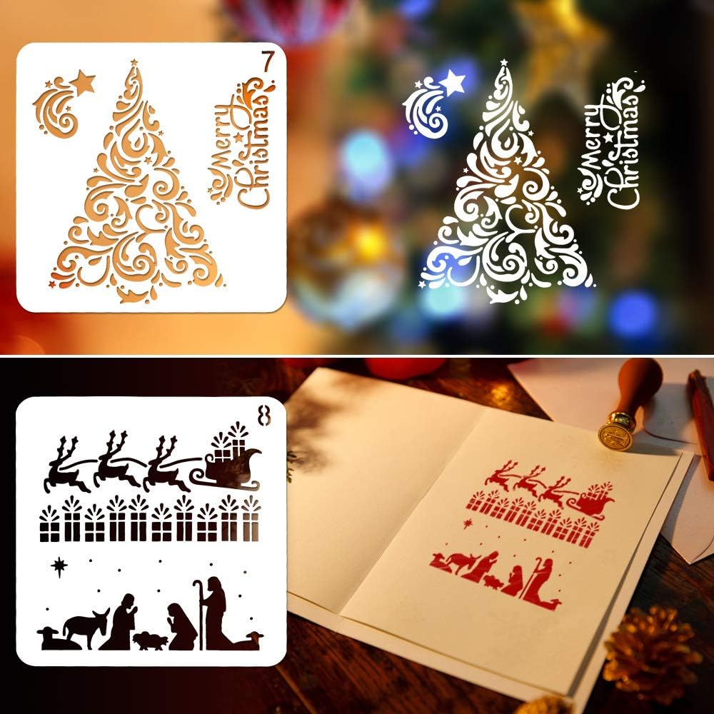 8 Pcs Christmas Stencils Template - Reusable 5&#x22;L x 5&#x22;W
