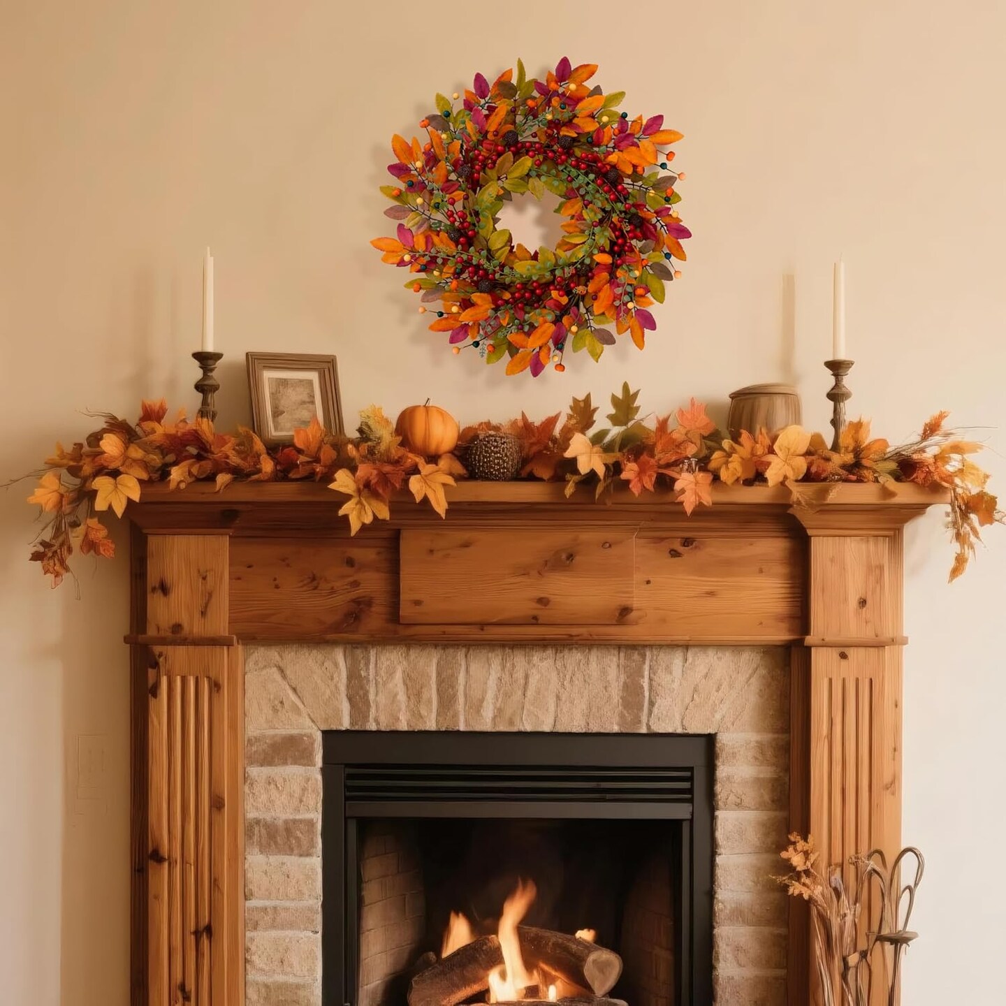 22&#x22; Berry Branches Fall Wreath with Colorful Leaves, Red Autumn Artificial Berries Wreath(Red, Yellow, Orange, Dark)13&#x22;D x 13&#x22;W x 3&#x22;H