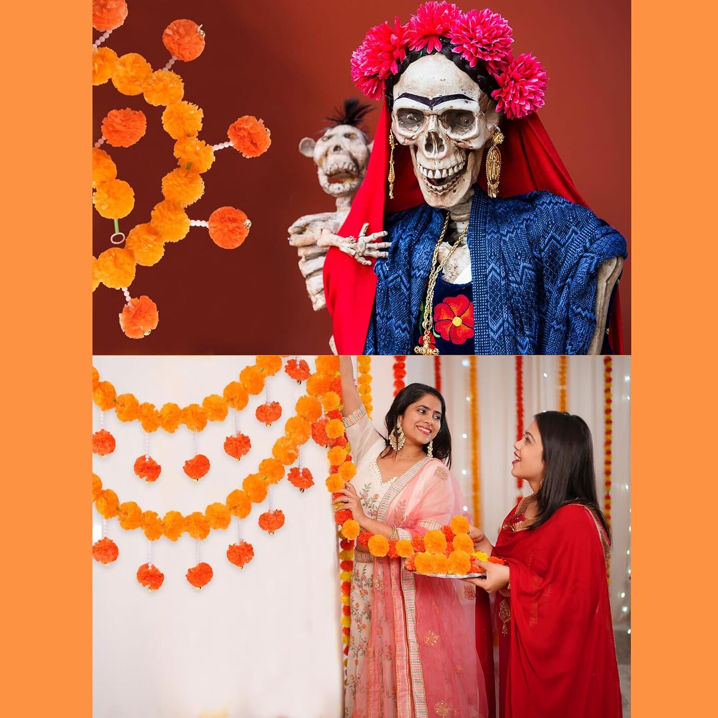 Marigold Garland Diwali Decor Artificial Flowers (Light Orange &#x26; Dark Orange)