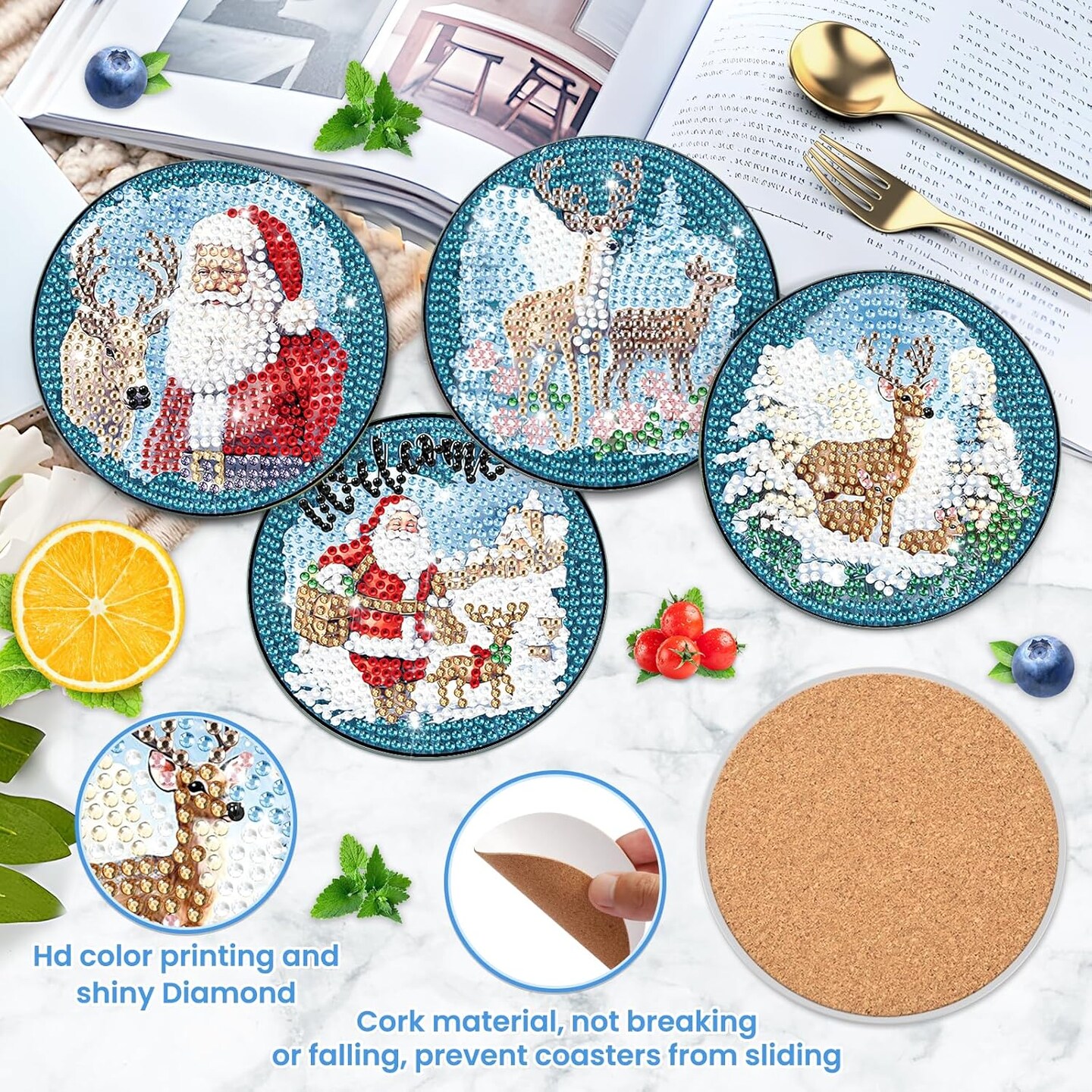 8PCS Christmas Diamond Art Coasters Kit with Holder – Santa Claus 5D Gem Art Kits for Adults & Beginners, DIY Arts and Crafts Christmas Table Decor Gift