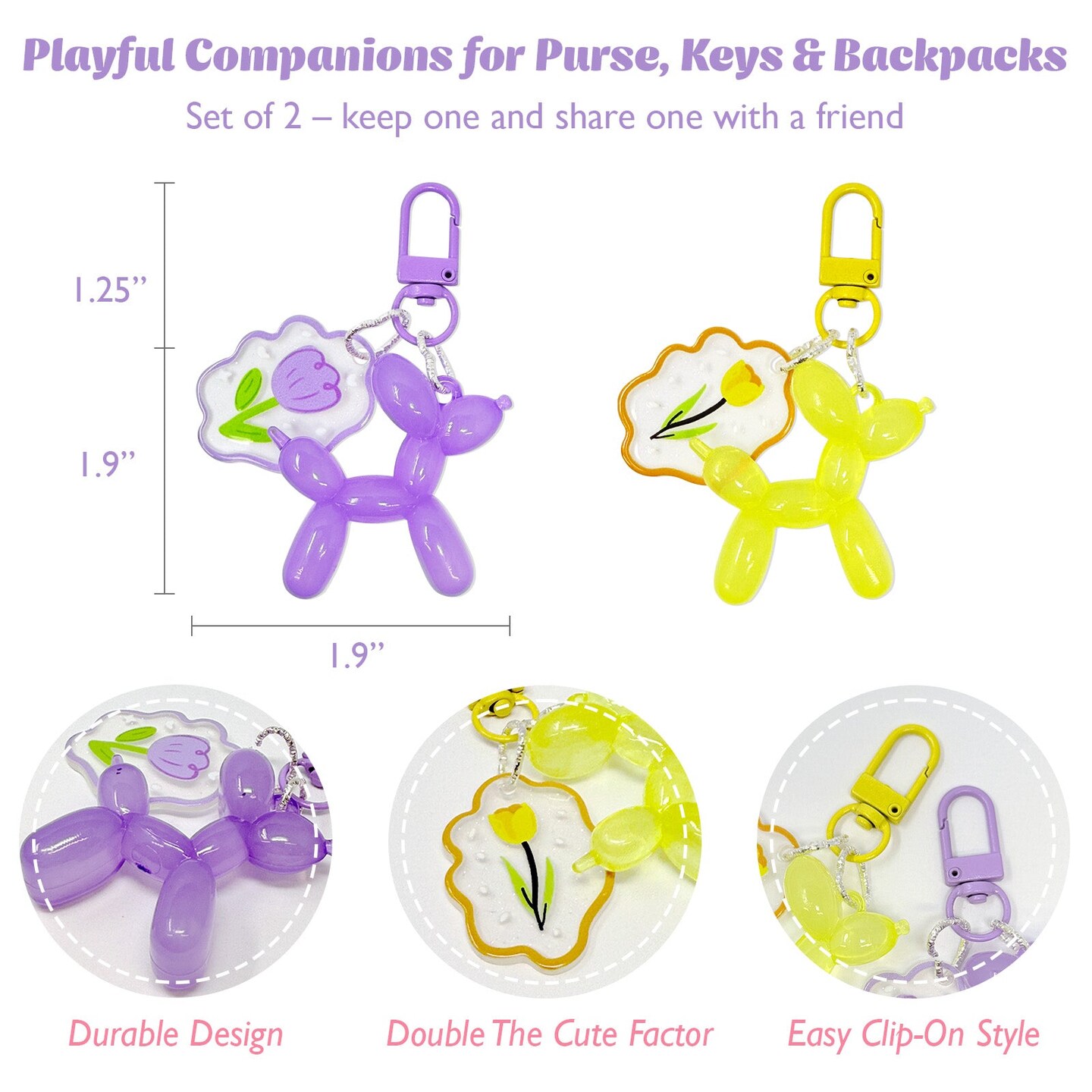 Wrapables Cute Balloon Dog Keychain, Bag Charm Accessory for Purse Handbag Backpack (Set of 2), Purple and Yellow