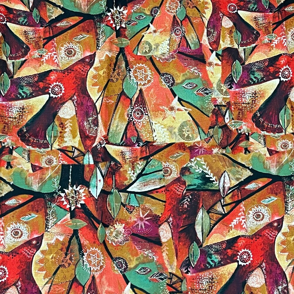 Orange-Green-Multi Abstract Bird Medallion Printed Linen Woven Fabric By the Yard