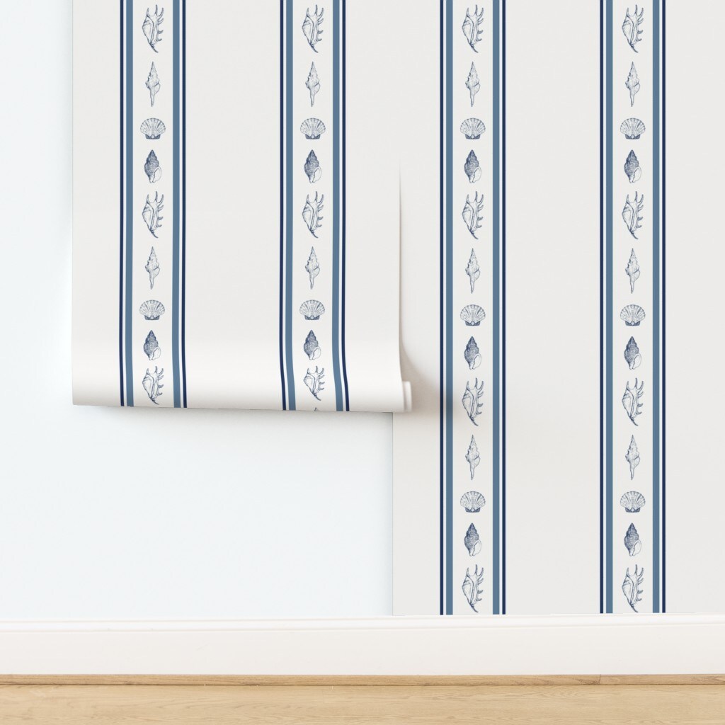 Preppy Coastal Blue Shell Traditional Classic Ticking Stripe Seashells Grandmillennial Custom Removable Wallpaper by Spoonflower Peel & Stick Wallpaper 2FT Wide