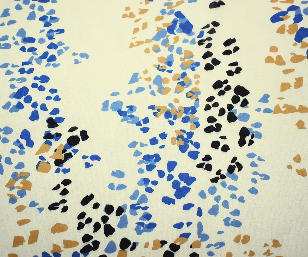 Ivory-Blue-Multi Abstract Spots Printed Poly Chiffon Woven Fabric By the Yard