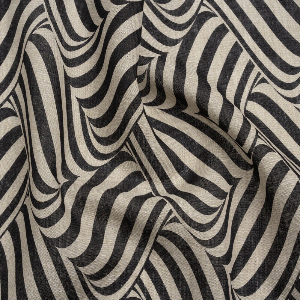 1 Yard Black and Beige Swirling Stripes Lightweight Linen Woven