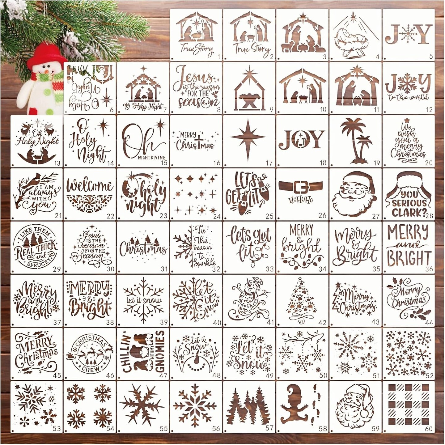 60pcs Small Christmas Stencils for Painting on Wood (60 Christmass 3x3in) 3"L x 3"W
