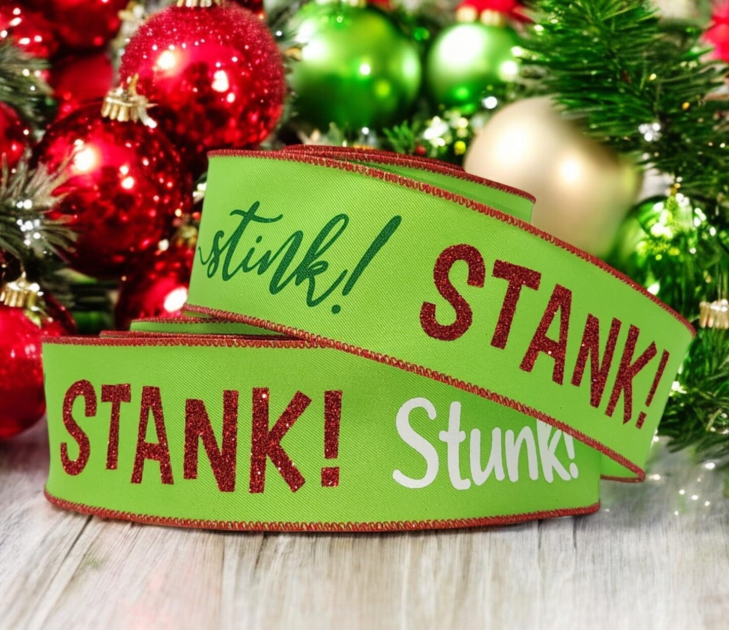 RG Ribbon: Stink, Stank, Stunk Christmas Ribbon, 2.5&#x22; x 10 Yards - Lime Green, Red, Multi