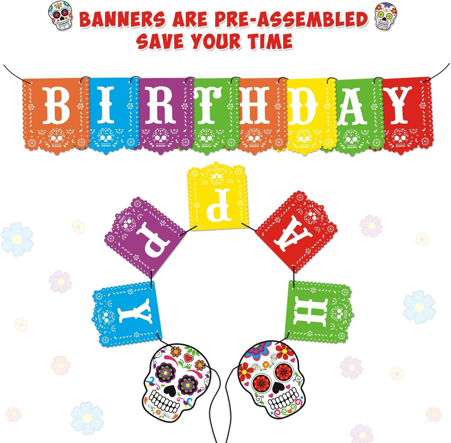 Day of the Dead Happy Birthday Banner D&#xED;a de los Muertos Papel Picado(Multicolor)