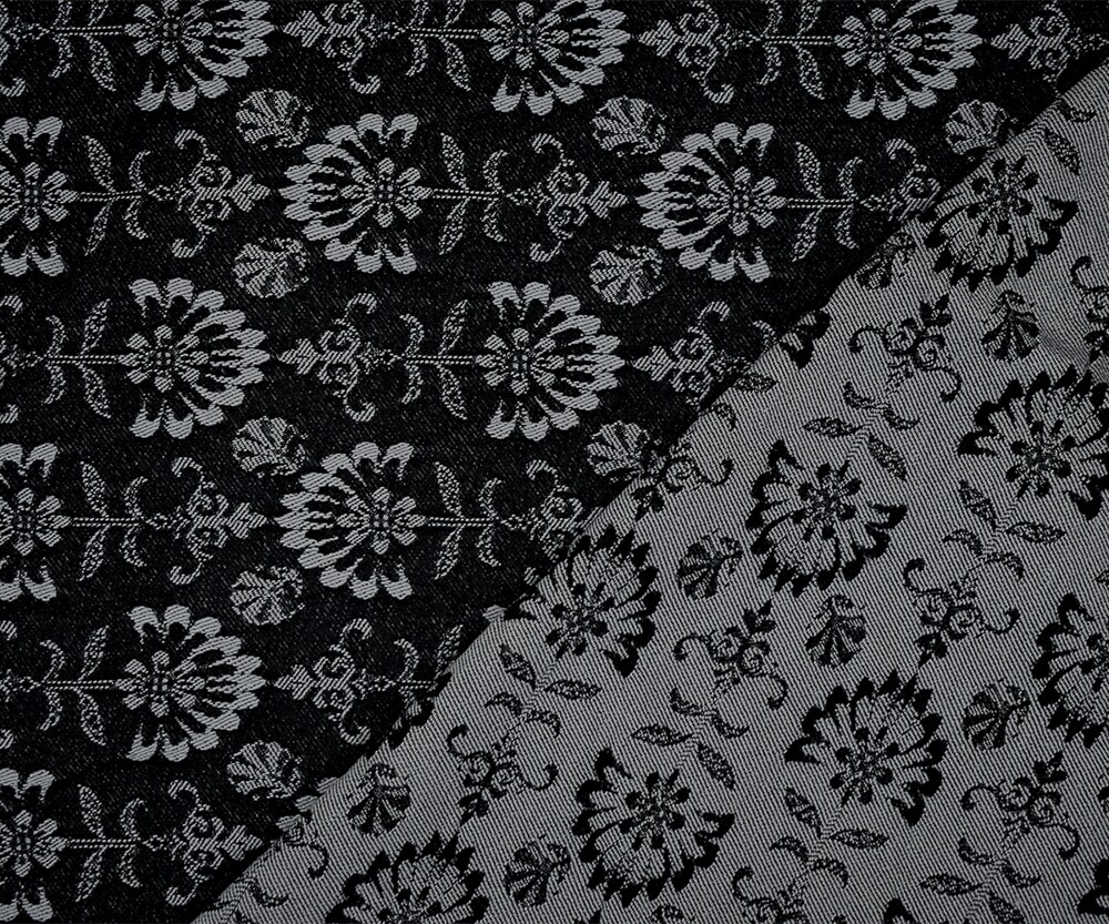 Black-Gray Rayon Blend Stretch Spandex Floral Bengaline Jacquard Fabric By the Yard