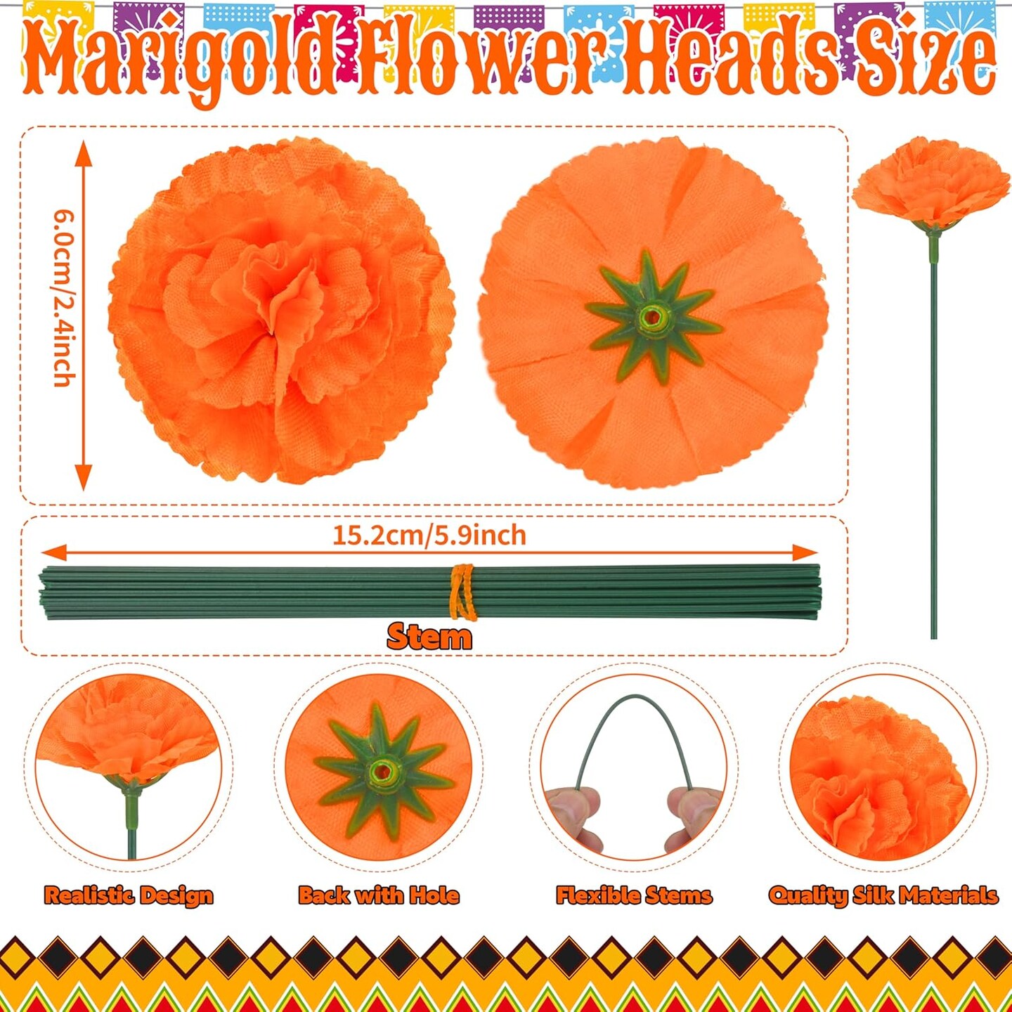 60 Pcs Artificial Marigold Flowers with Stems (Orange)