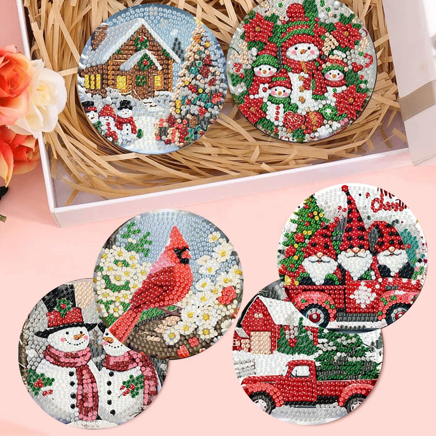8 Pieces Christmas Diamond Painting Coasters Kits for Adults(Christmas)