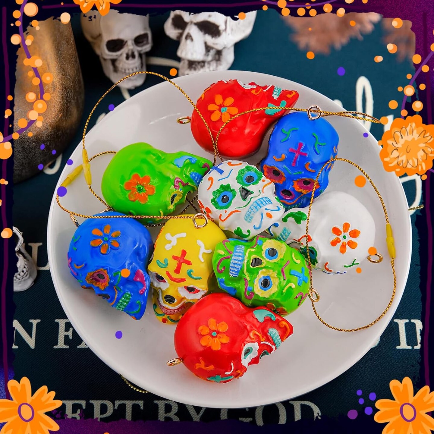 15 Pcs Day of The Dead Resin Sugar Skull Ornaments