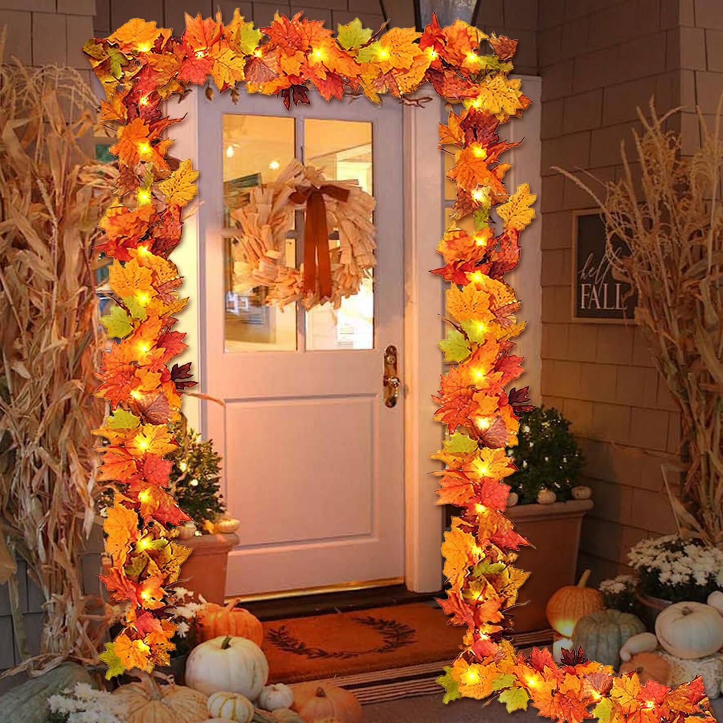 Fall Garland Maple Leaf with Lights, 2 Pack 5.7Ft/Piece Leaf Garland with Remote Control, 8 Light Modes(Orange)2 x 2 x 1.2 inches