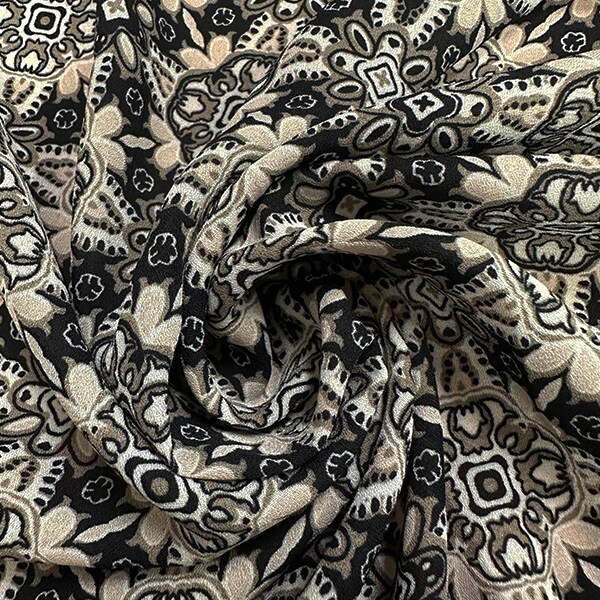 Cream and Black Multi Print Poly Georgette Fabric By the Yard
